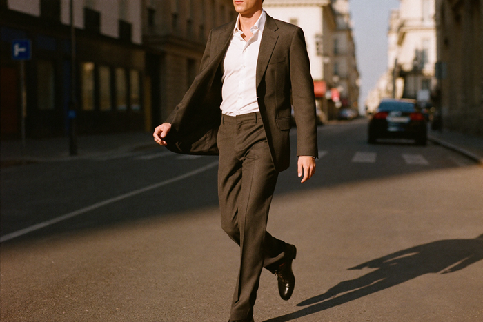 Man in tailored grey suit walking down a city street, slim profile, compression vest hidden under dress shirt