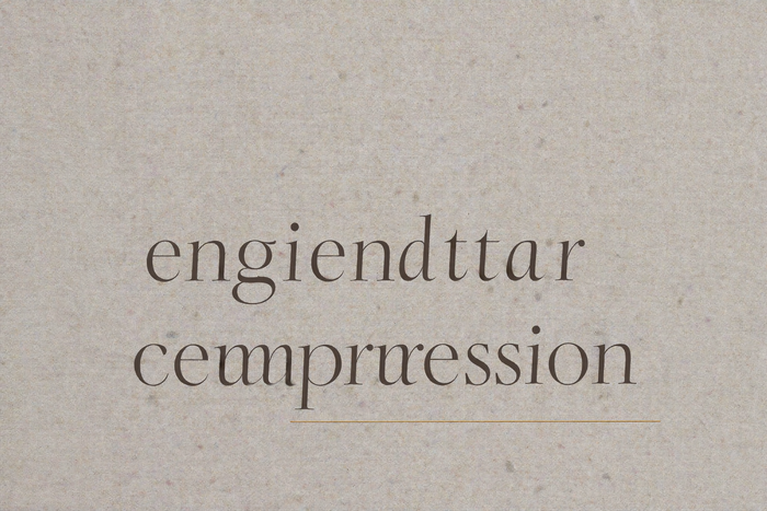 Editorial typography card on bone background, words engineered compression