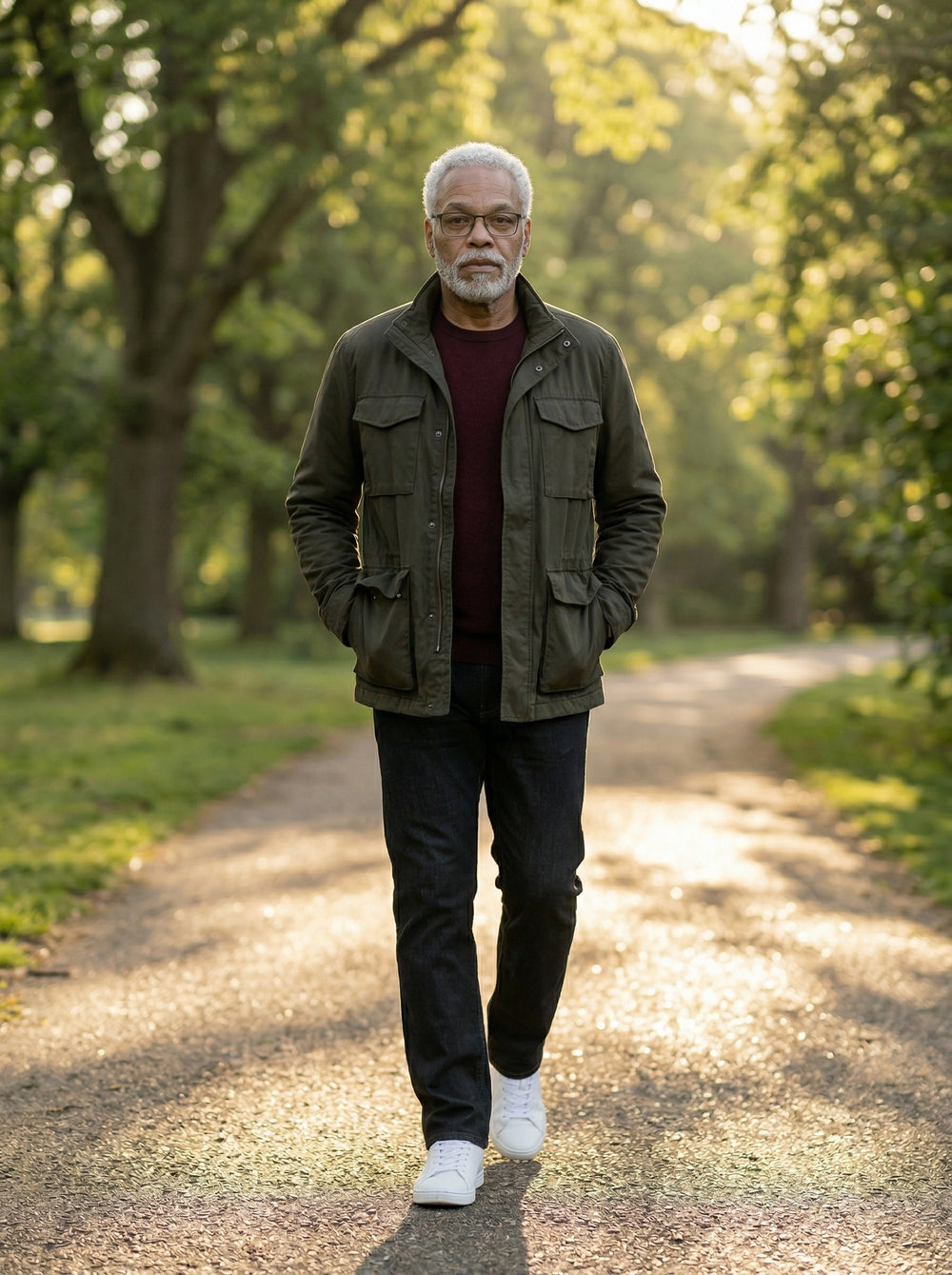 Man walking on a path in a park wearing an olive green jacket and dark pants.