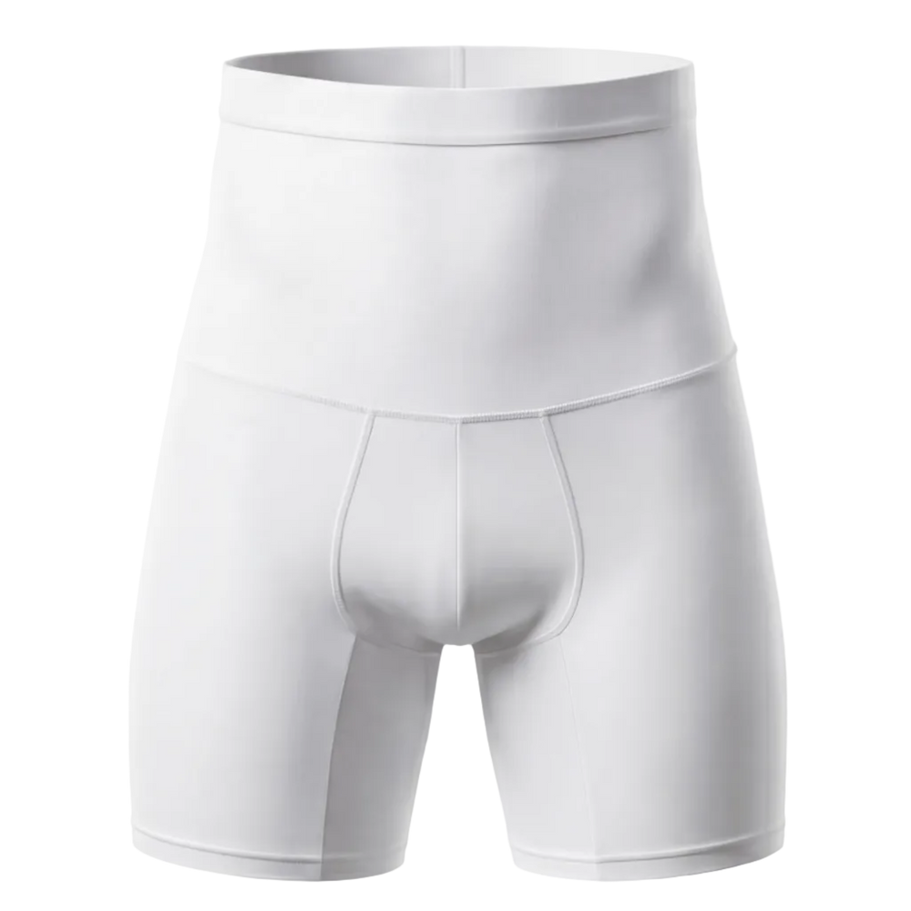 Four views of a white athletic shorts on a light gray background