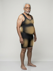 Man wearing a black tank top and shorts on a white background
