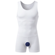 White athletic outfit with blue accents on a light gray background