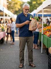 Man at an outdoor market holding a paper bag of groceries and a smartphone.