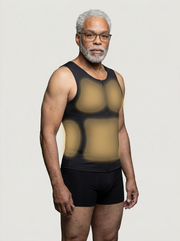 Man wearing a black tank top with a yellow design on a plain background