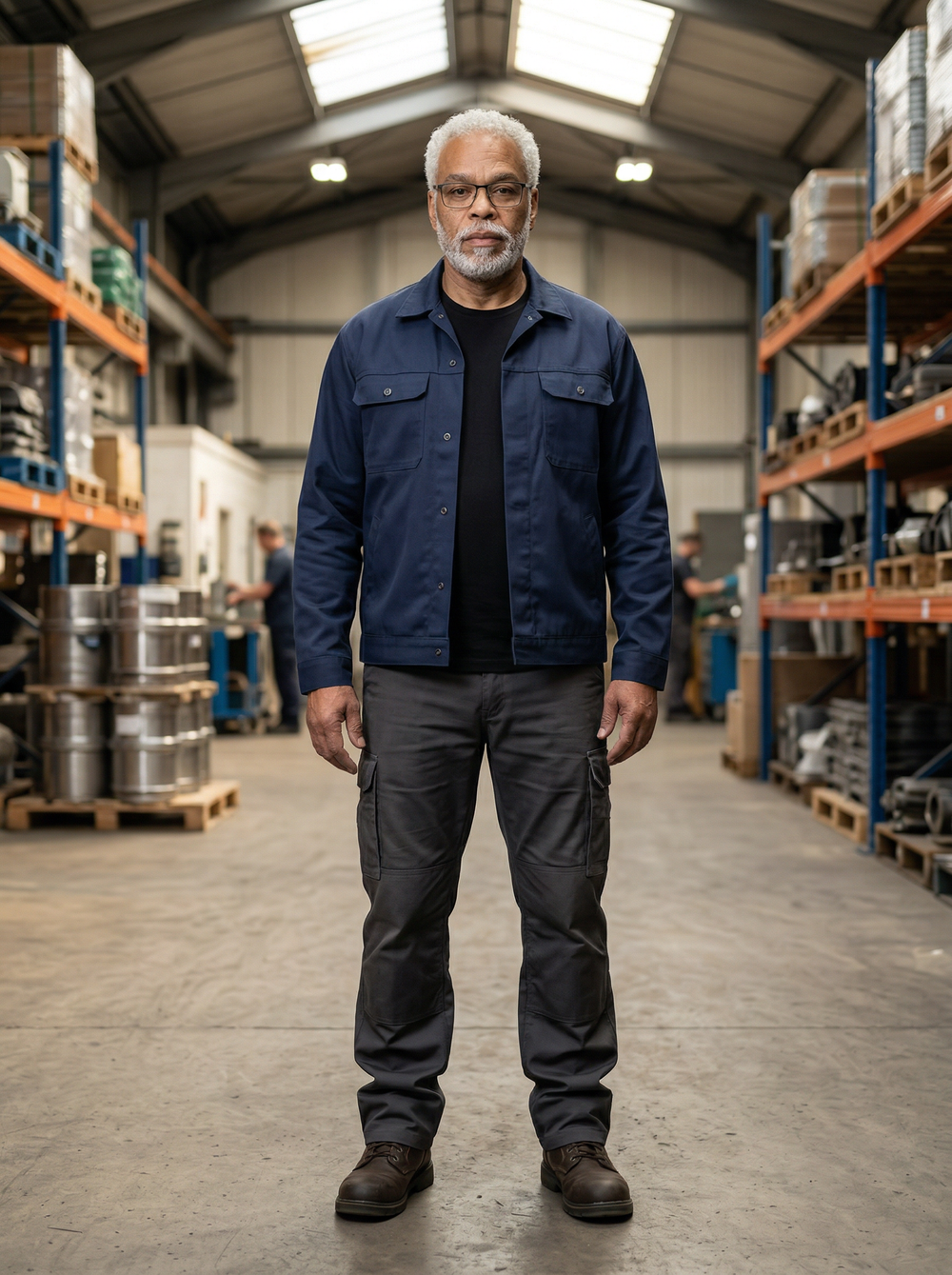 Man wearing a blue jacket and dark pants standing in a warehouse.