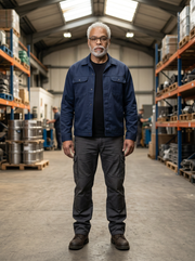 Man wearing a blue jacket and dark pants standing in a warehouse.