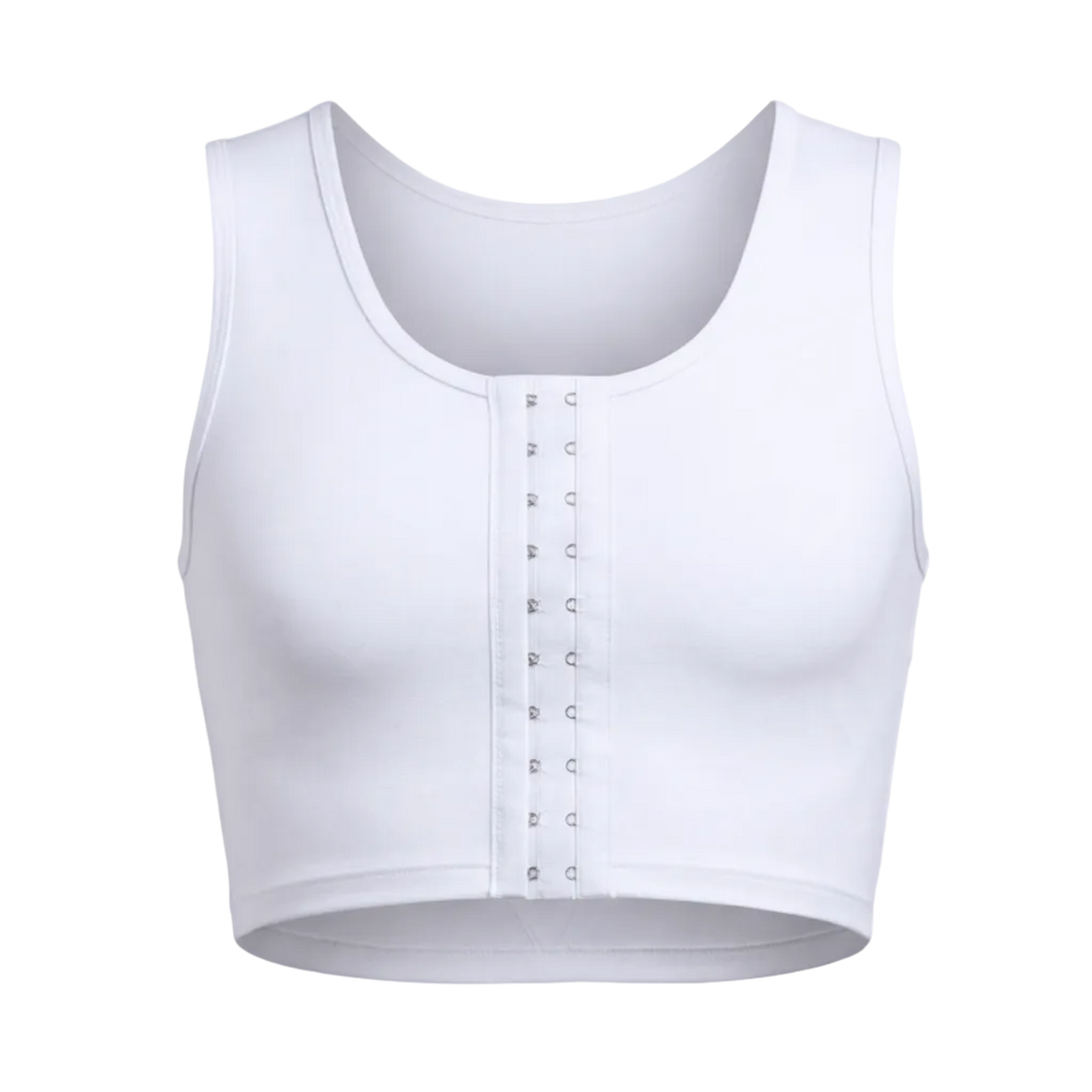 White crop top with button details on a white background