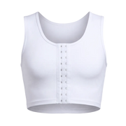 White crop top with button details on a white background