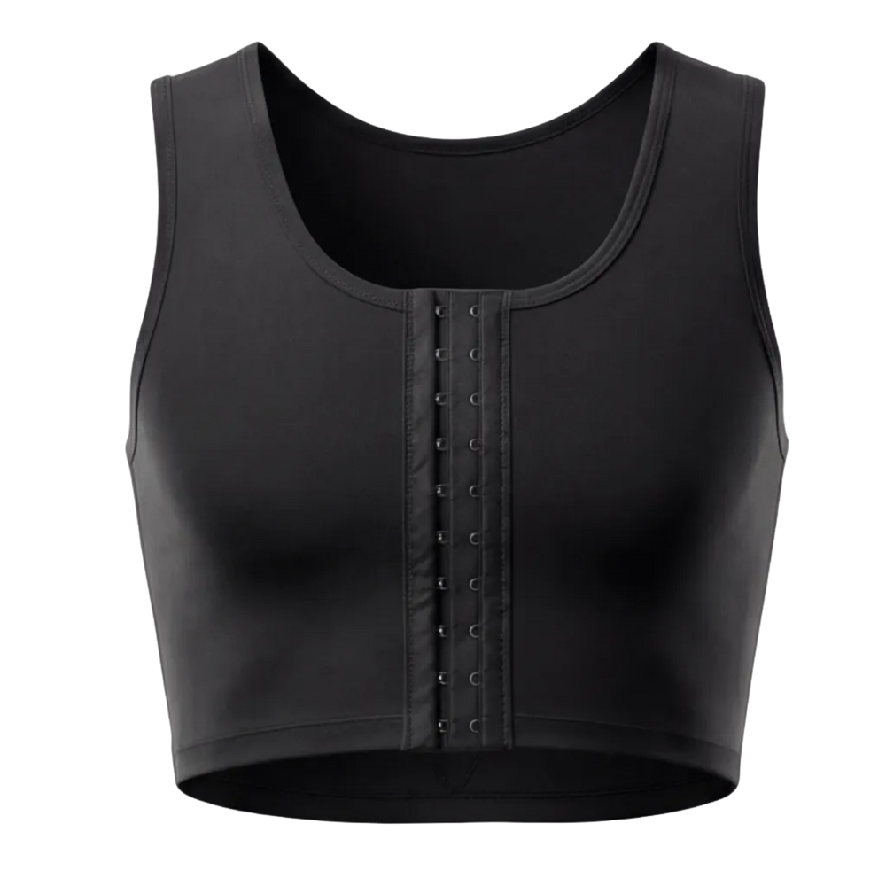 Black waist trainer with button details on a white background