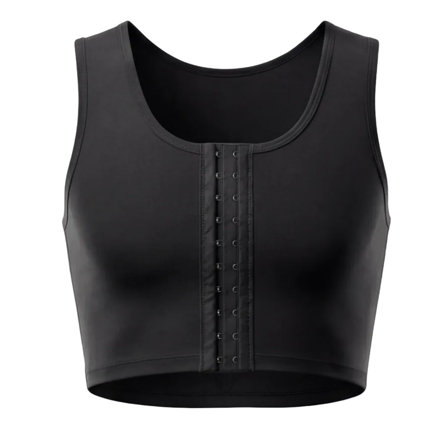 UNDR lumbar support compression vest in black, flat lay with closure detail