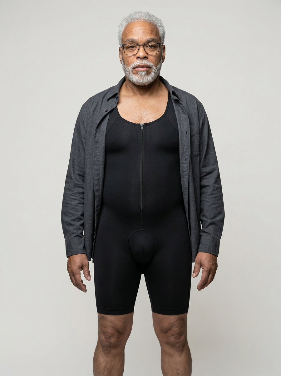 Man layering a grey jacket over the UNDR Extended Lower Compression Layer
