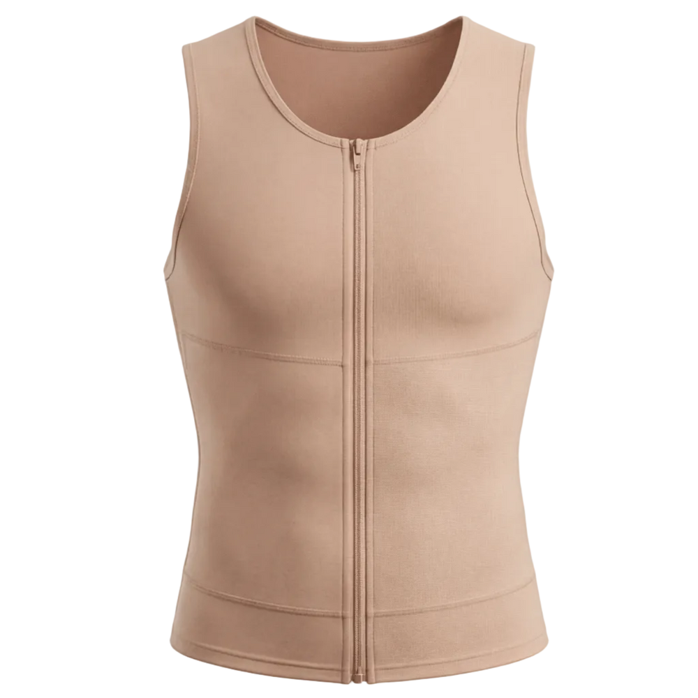 Beige sleeveless garment with a zipper on a white background
