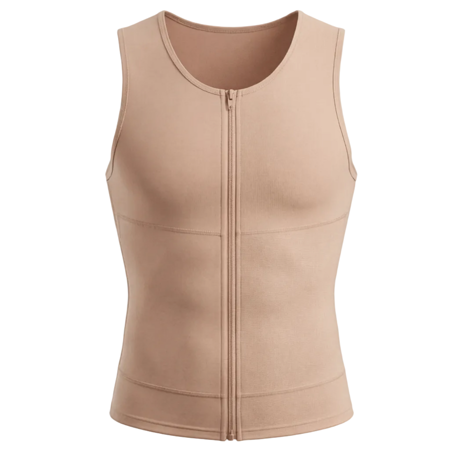 UNDR Zip Closure Compression Vest in beige, flat lay with zip detail