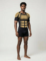 Man wearing a black and gold compression garment on a white background