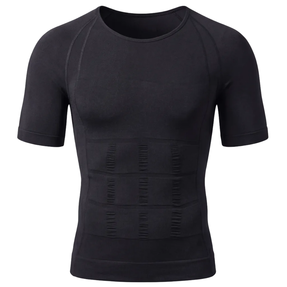 Black short-sleeve compression shirt shown from front, back, and side views on a light gray background.