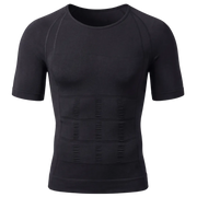 Black short-sleeve compression shirt shown from front, back, and side views on a light gray background.