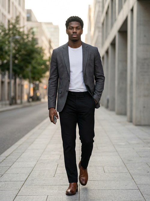 Black engineered compression base layer replaces traditional slimming shirts for men, providing a seamless silhouette under a blazer.