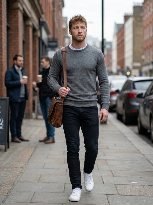 Man walking on a city street wearing a gray sweater, black jeans, and white sneakers.
