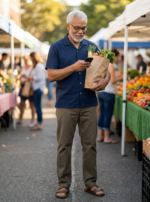 Man at an outdoor market holding a paper bag of groceries and a smartphone.