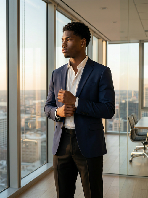 Man in a suit standing in an office with large windows overlooking a cityscape.